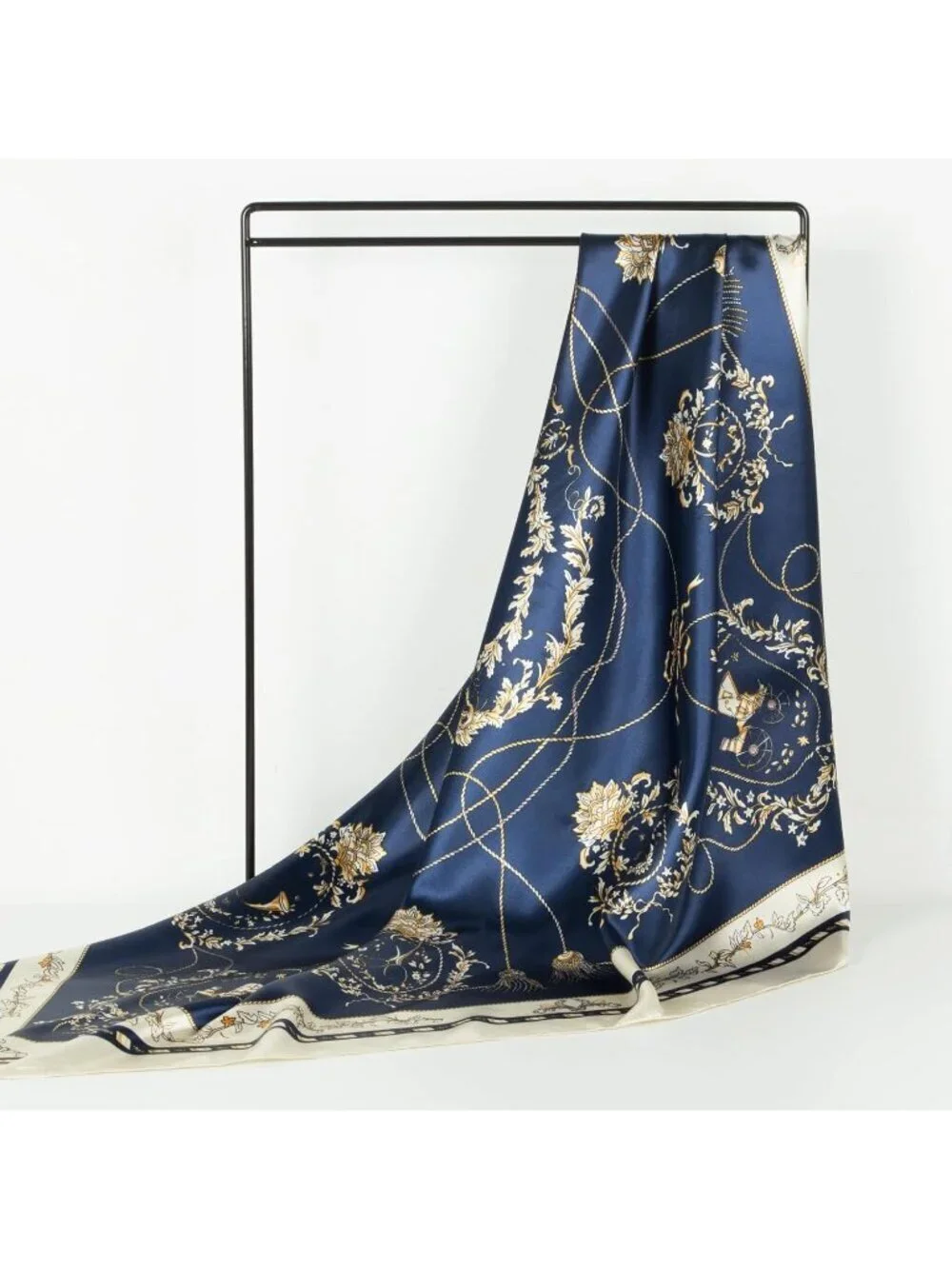 Women's Navy Beige Printed Square Scarf Bandanas Hair Scarf 35 Inches